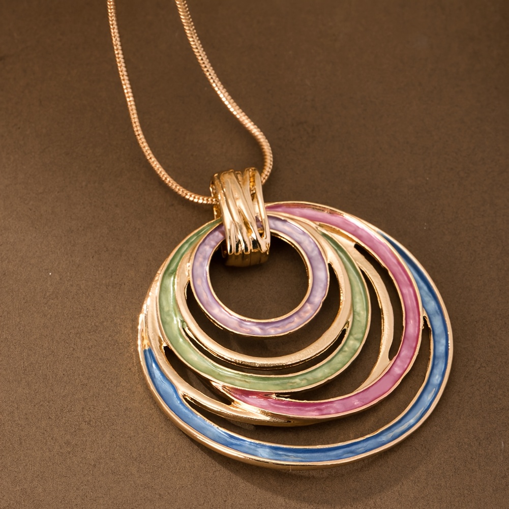 Geometric Oval Pendant Necklace Multicolor Gradient Lightweight